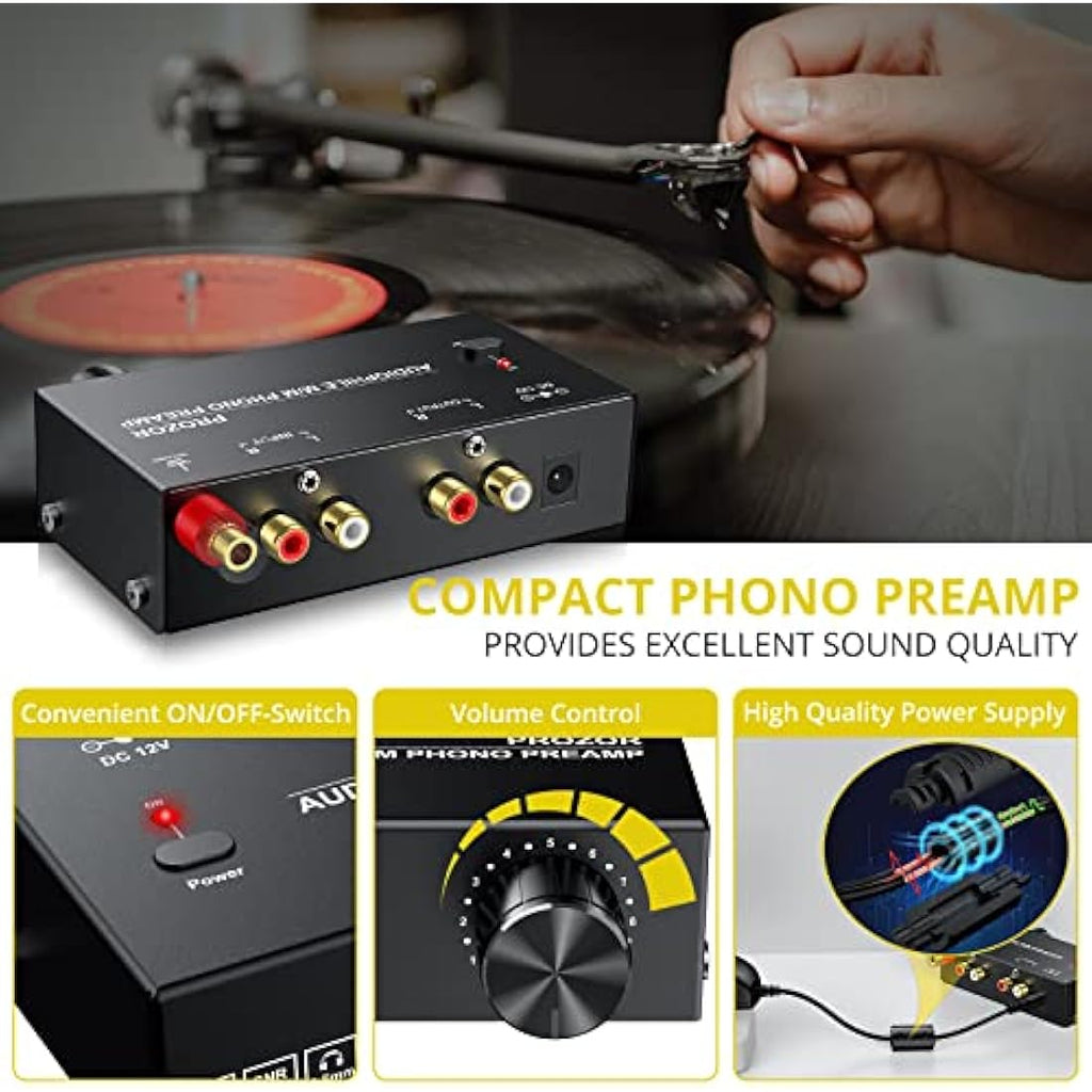 PROZOR Phono Preamp for M/M Turntable with Volume Control and RCA 3.5mm