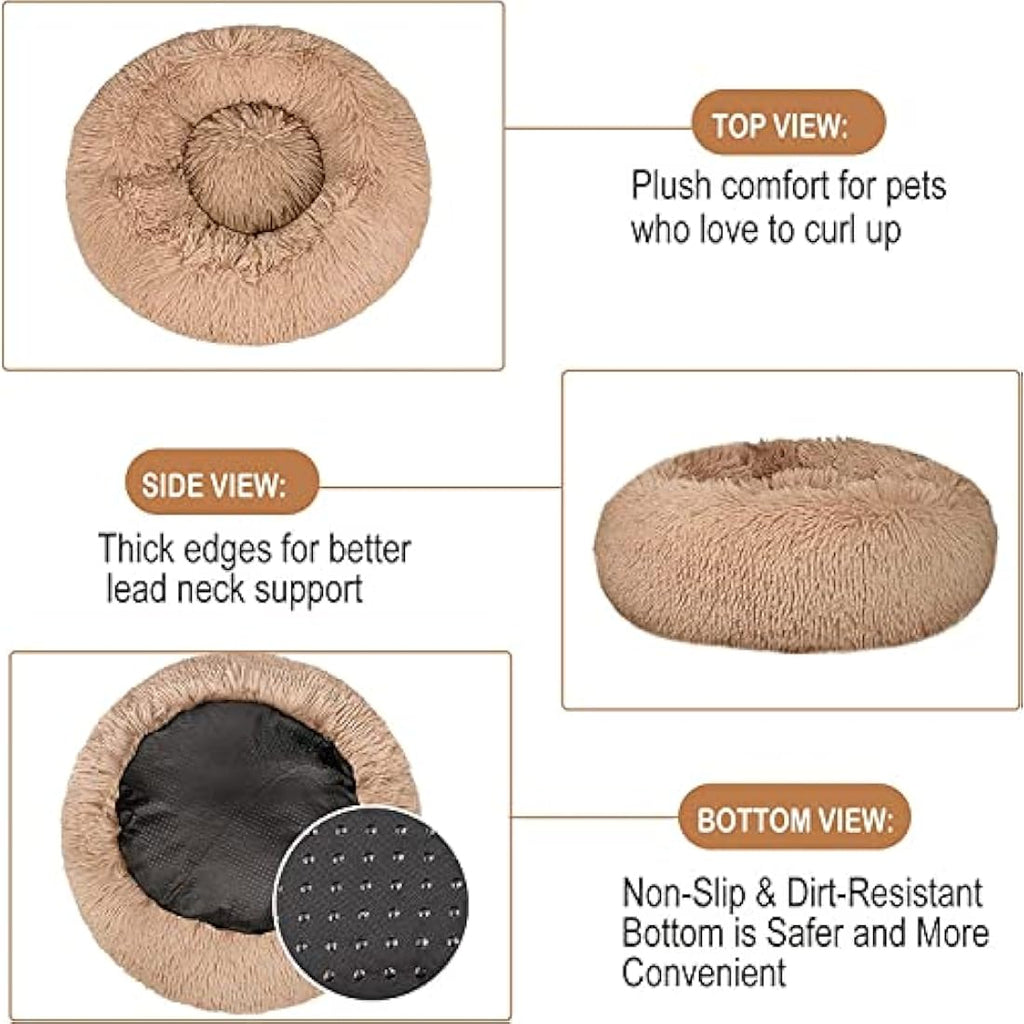 Jolof Store Calming Donut Dog Bed – Washable Fluffy Faux Fur Pet Bed