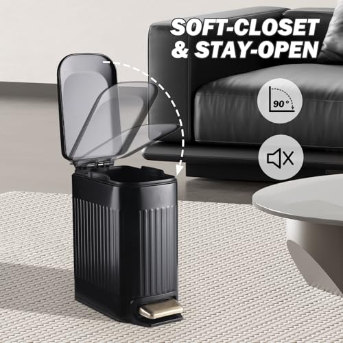 ELPHECO Slim Bathroom Trash Can | 1.8 Gal Matte Black Stainless Steel