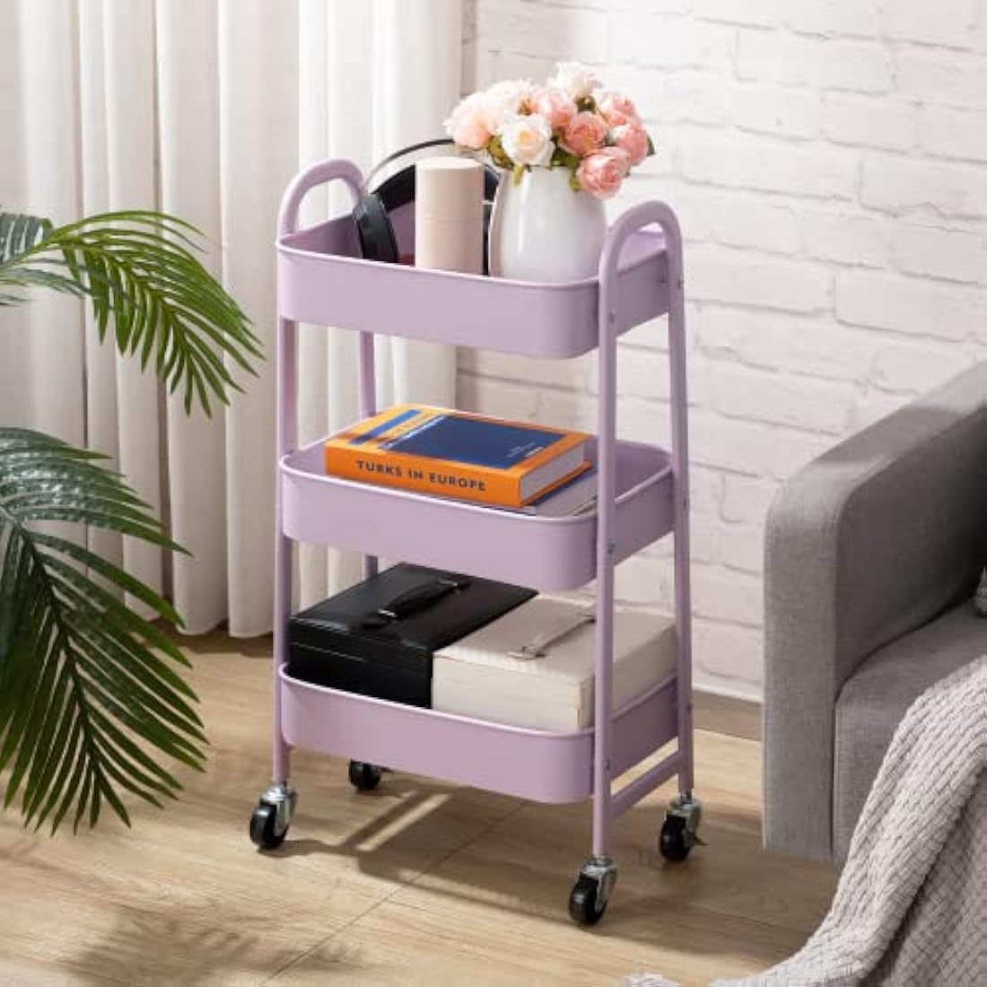 DOEWORKS 3-Tier Metal Rolling Utility Cart - Slim Storage Trolley, Purple