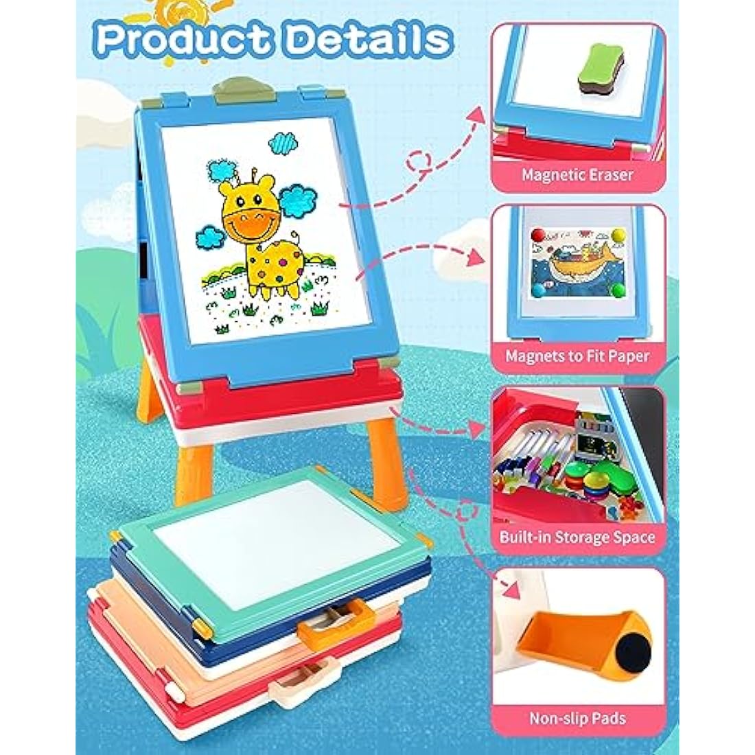 Elovien 4-in-1 Kids Art Easel | Foldable Magnetic Tabletop Board - Blue