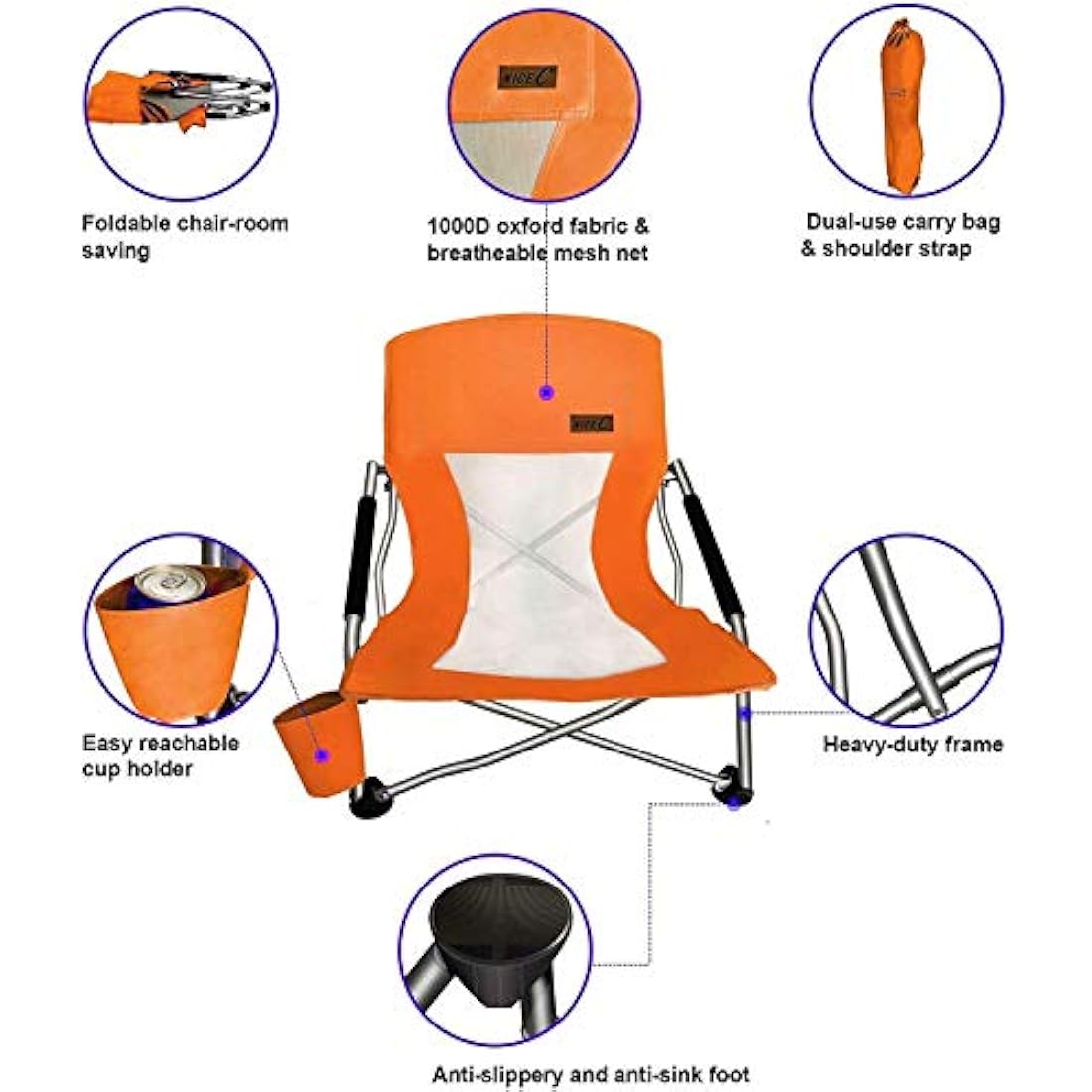 Nice C Low Beach Camping Folding Chair – Heavy Duty Steel & Mesh, Orange