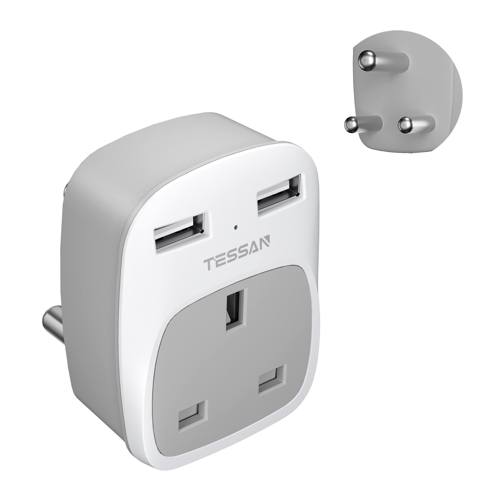 TESSAN UK to India Travel Adapter | Type D Plug with 2 USB Ports