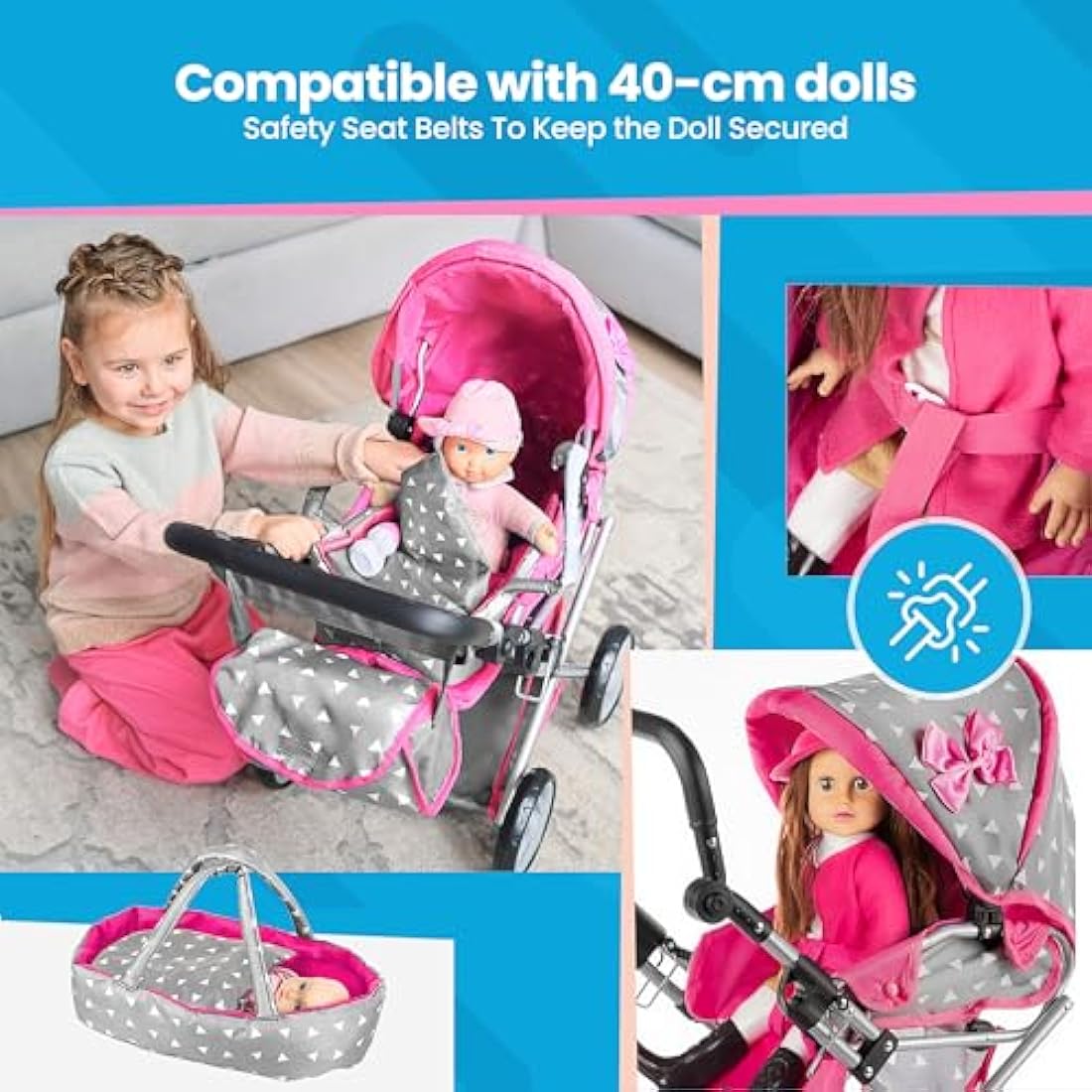 Kinderplay 3-in-1 Doll Pram – Toy Stroller with Adjustable Handle, KP0200S