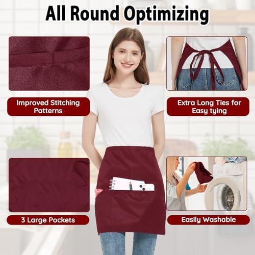 6 Pack Black Waist Apron – Waterproof 3-Pocket Server Apron