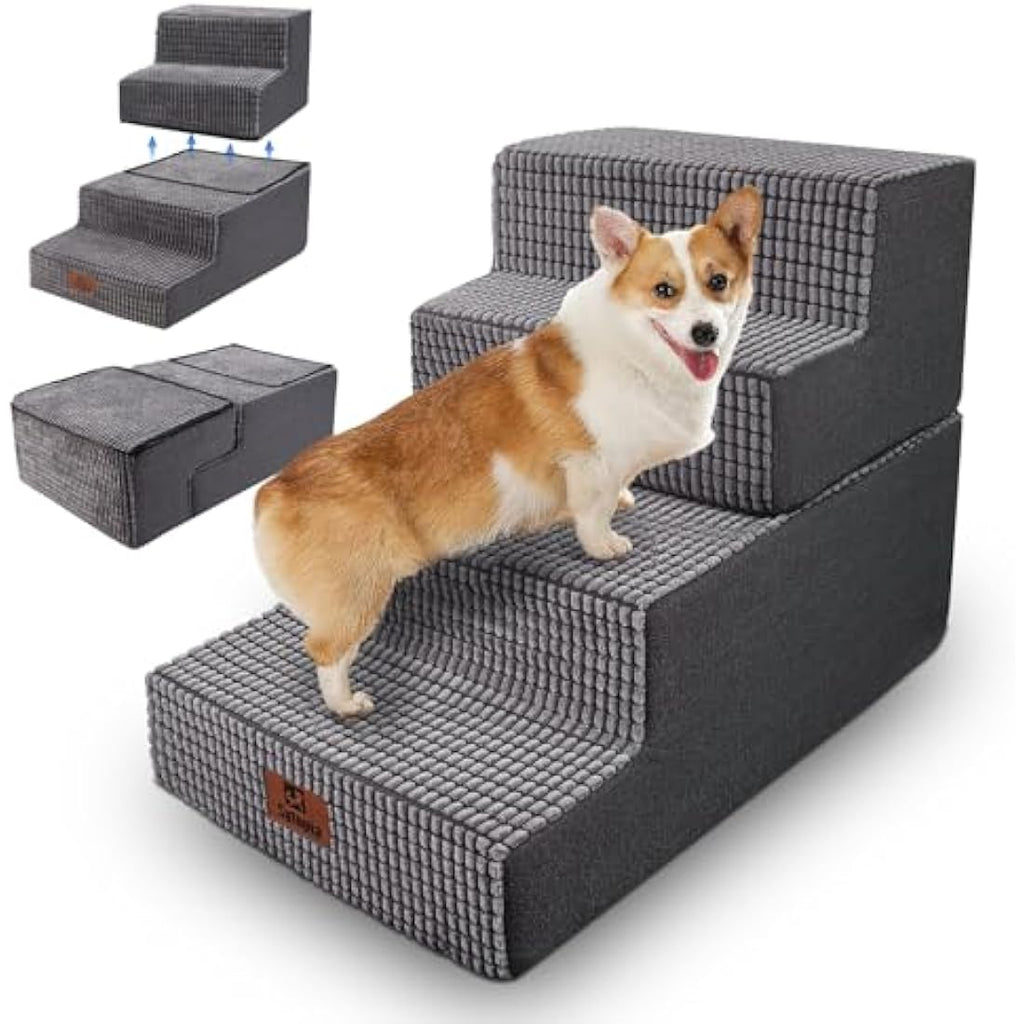 Sytopia 4-Step Foam Dog Stairs – Non-Slip Pet Ramp for High Beds, Grey