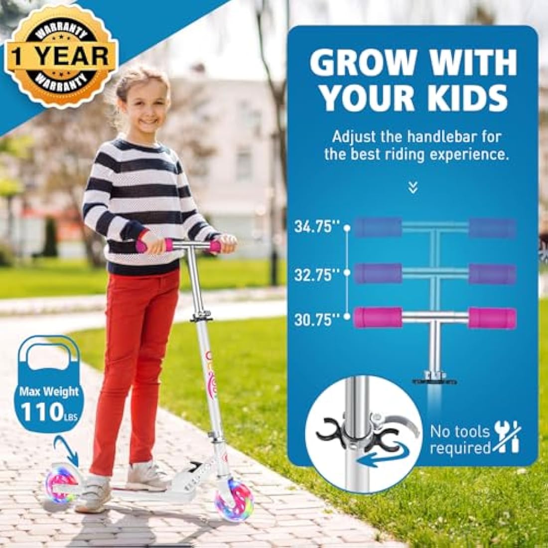BELEEV V1 Kids Folding Kick Scooter | 2-Wheel Light Up Scooter for Ages 3-12