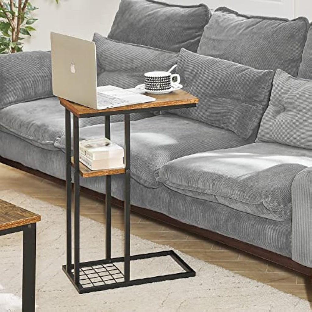YMYNY C-Shaped End Table – Industrial Side Table for Small Spaces, Brown