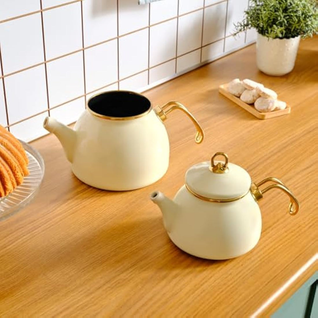 Karaca Retro Enamel Turkish Teapot Set | Induction Safe Kettle, Cream