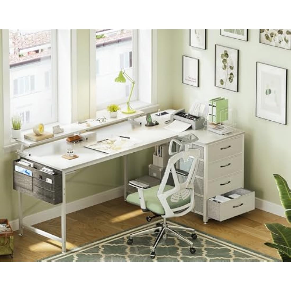 ODK L-Shaped Corner Desk with Drawers, Power Outlets & Monitor Stand - White