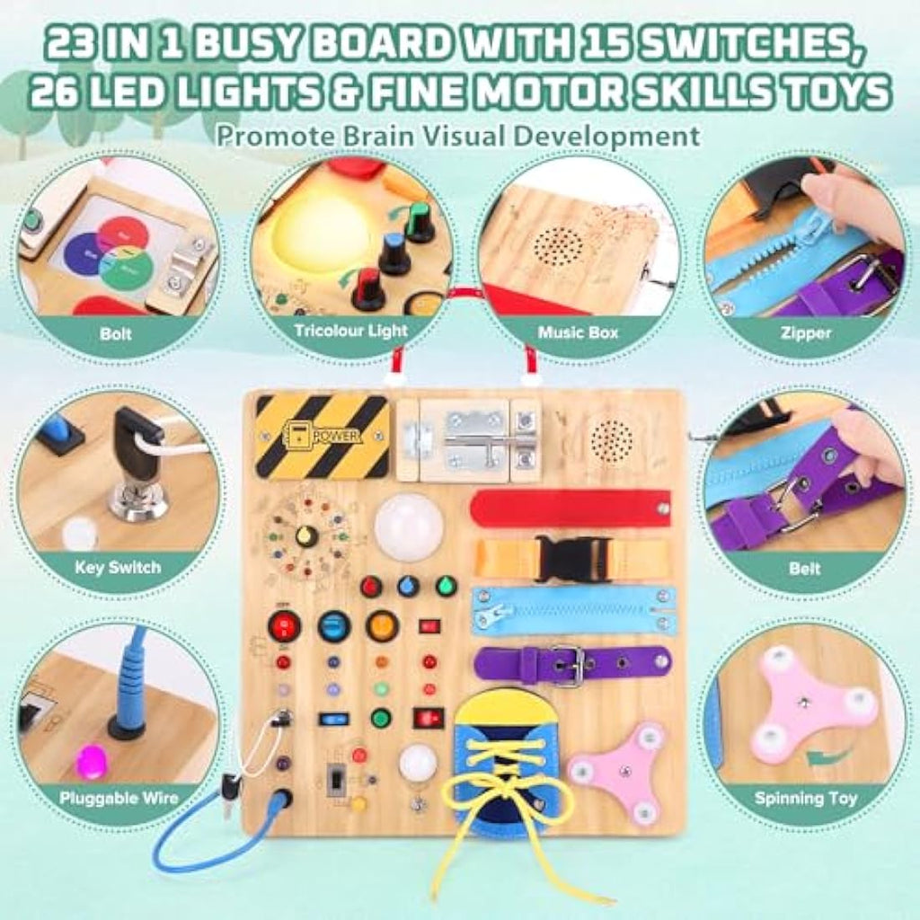 Jolof Store Montessori Busy Board – 23-in-1 Wooden LED Sensory Toy