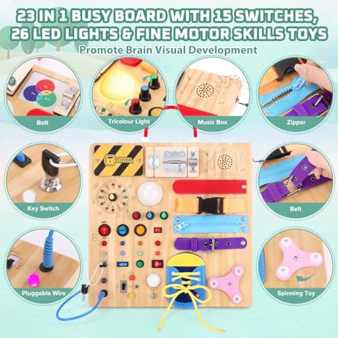 Jolof Store Montessori Busy Board – 23-in-1 Wooden LED Sensory Toy