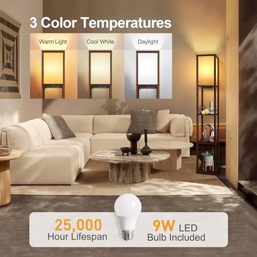 OUTON Shelf Floor Lamp with USB Ports | 3-Tier Wood Standing Lamp