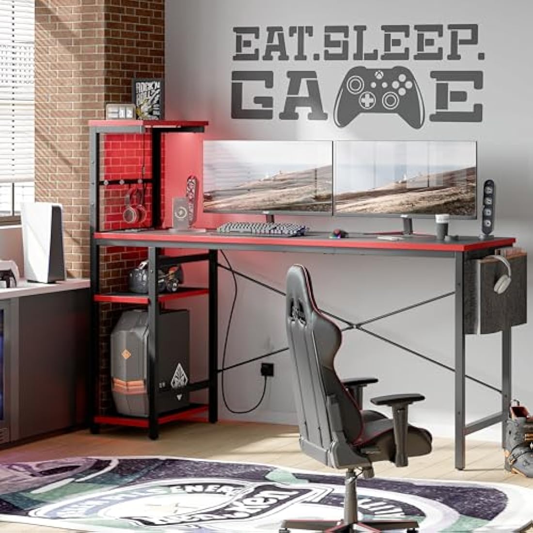 Bestier 155CM Corner Desk with LED Lights and Power Outlets