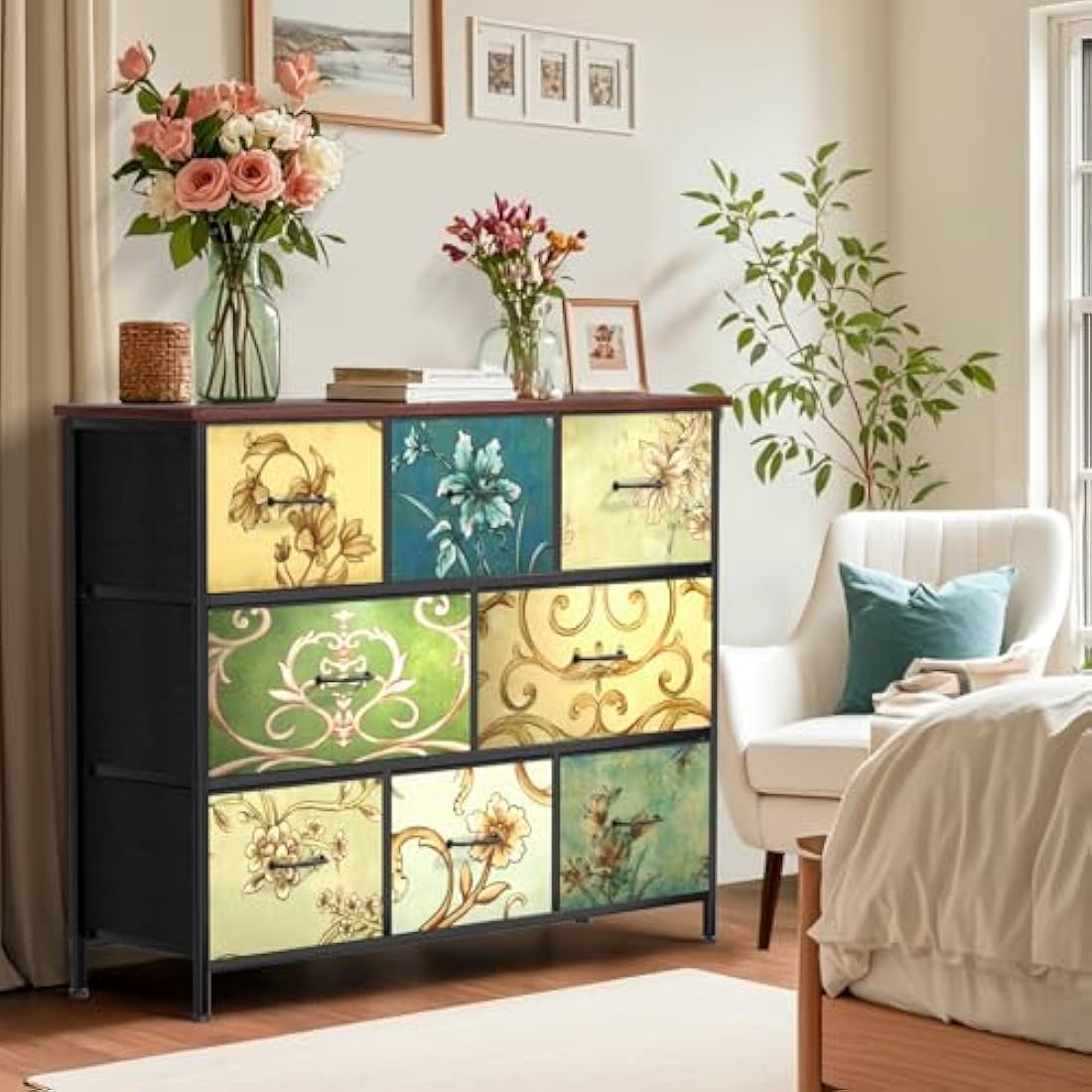 8-Drawer Fabric Dresser – Vintage Floral Storage Chest