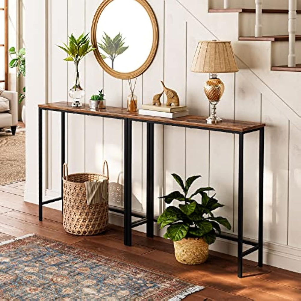 HOOBRO Slim Console Table – Rustic Brown Industrial Metal Sofa Table