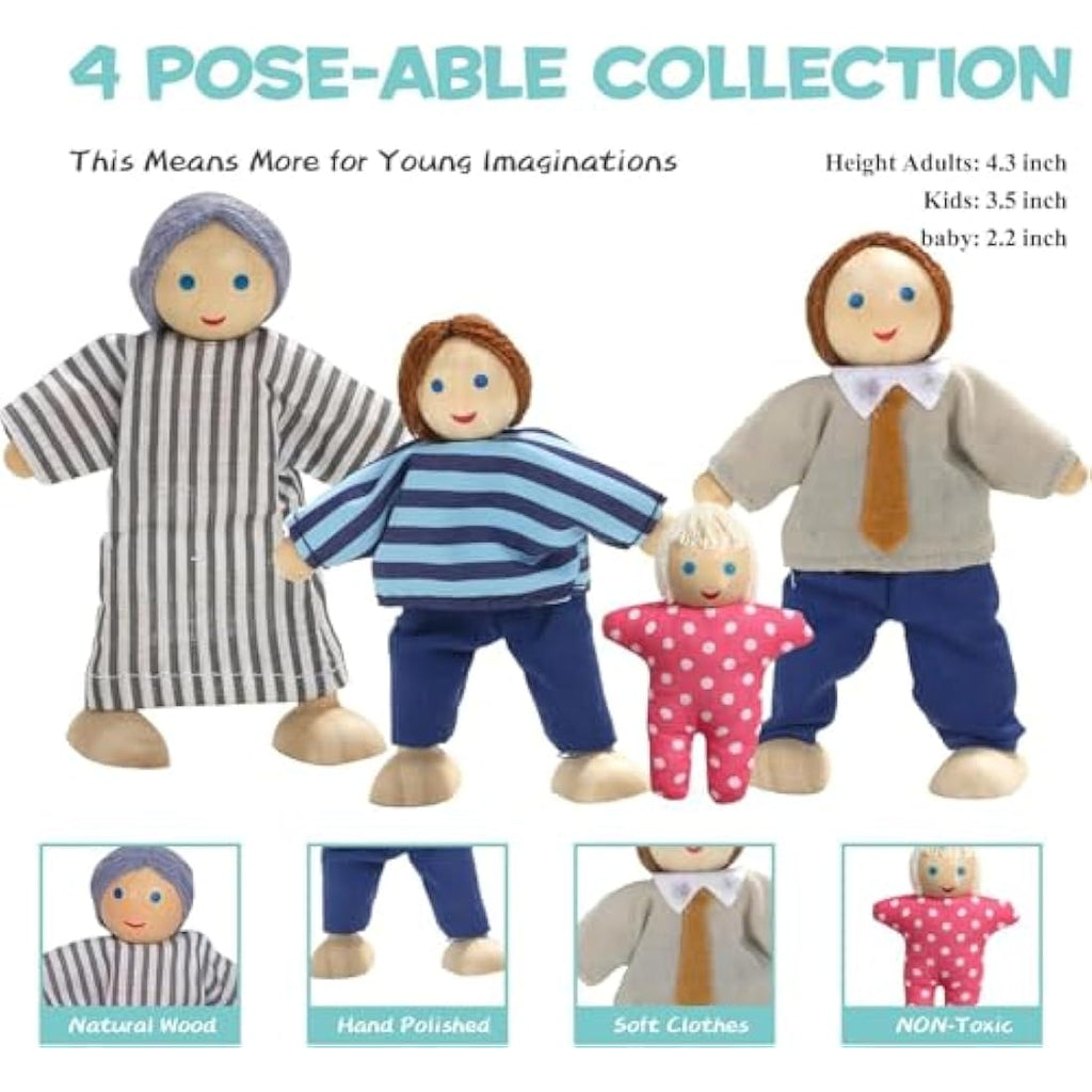 Giant Bean Wooden Dollhouse Furniture Set | 36pcs with 4 Family Dolls