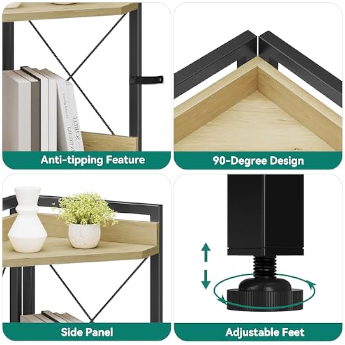 YITAHOME 4-Tier Industrial Corner Shelf with Cabinet | Oak Wood & Metal