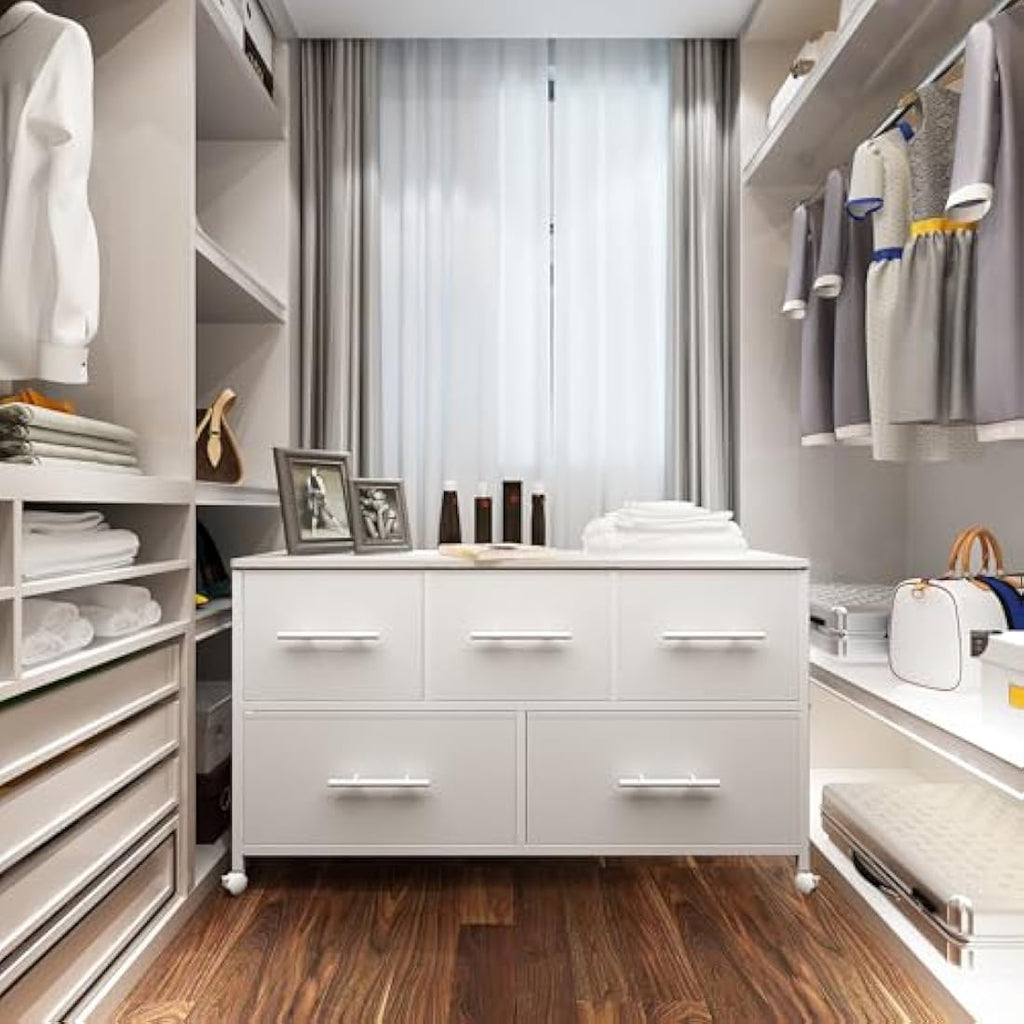 5-Drawer Fabric Dresser | Rolling Storage Chest - White