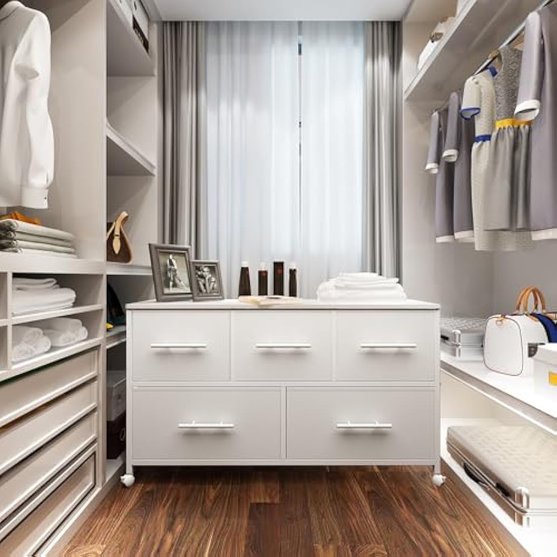 5-Drawer Fabric Dresser | Rolling Storage Chest - White