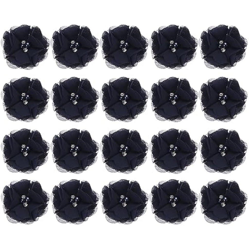 Jolof Store Dark Blue Chiffon Flower Heads with Rhinestones - 20 Pack