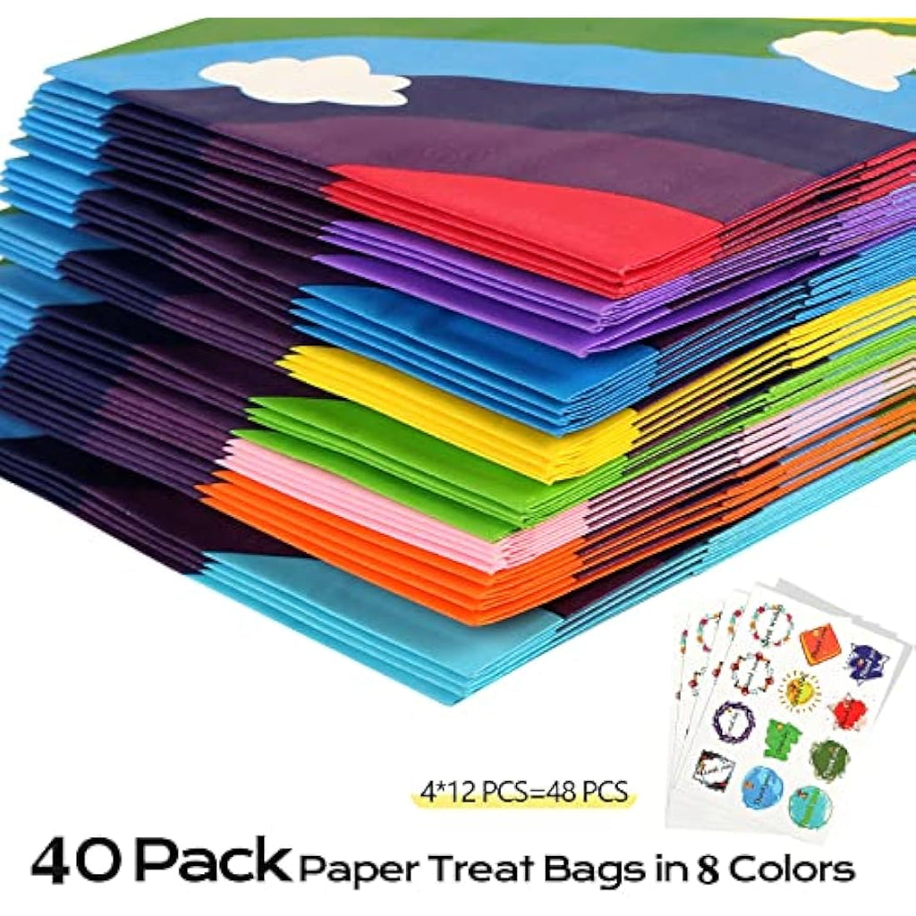 TOOELMON Rainbow Paper Party Bags – 40 Pcs Kraft Goodie Bags with Stickers