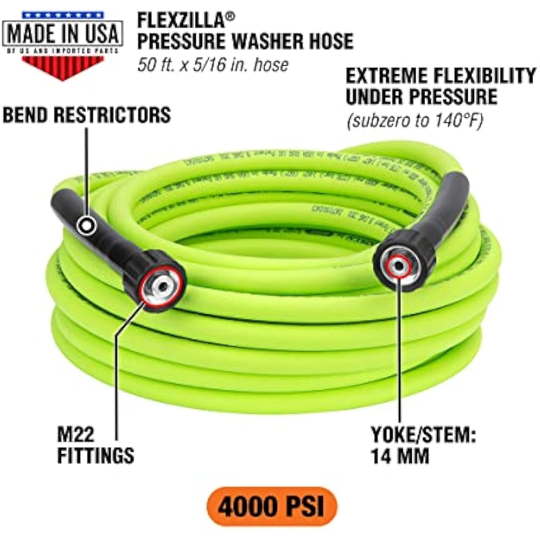 Flexzilla Pressure Washer Hose | 4000 PSI Hybrid Polymer – 5/16 in x 50 ft