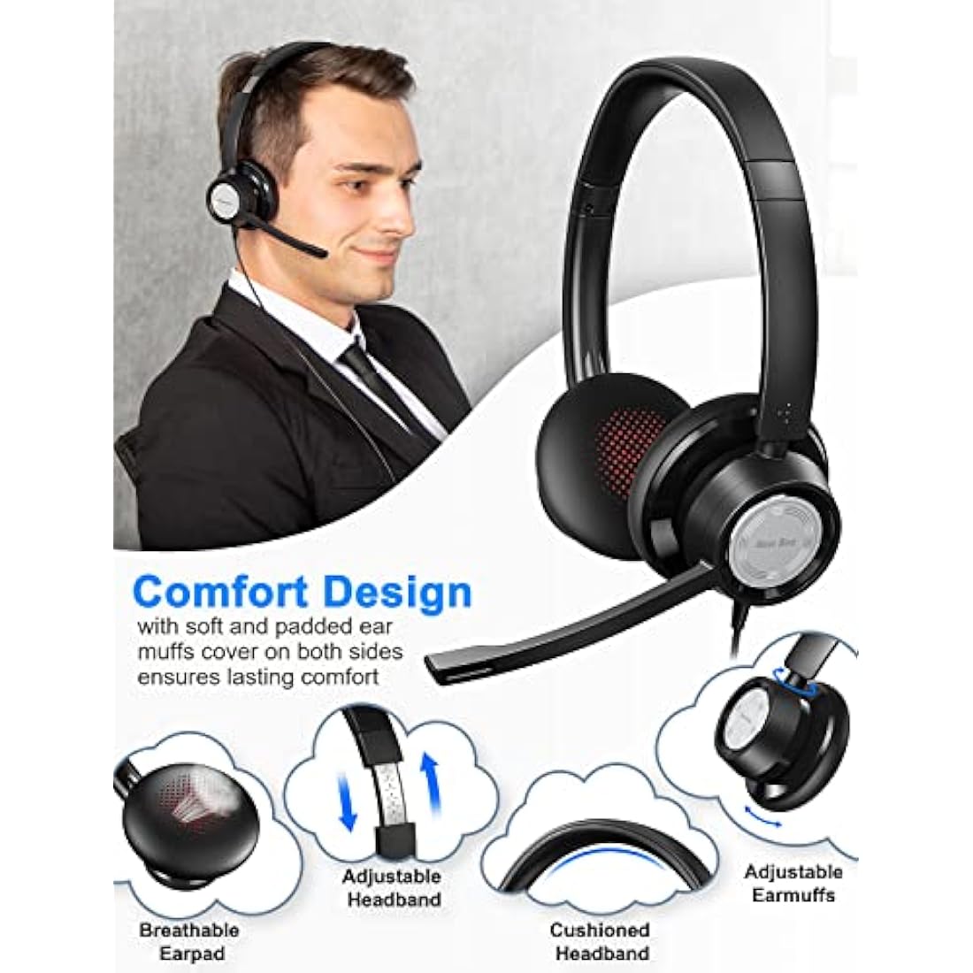 New Bee H362 USB Headset with Microphone | 3.5mm PC Headphones - Black