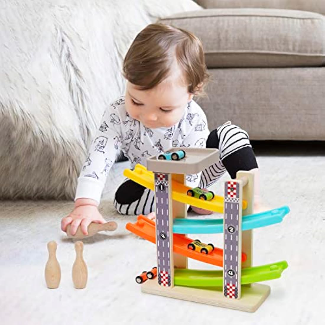 Wooden Car Ramp Race Track – Montessori Toy with 4 Cars