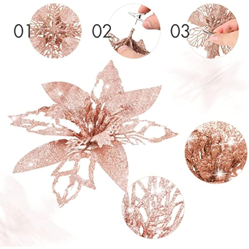Jolof Store Rose Gold Glitter Poinsettia Flowers - 24pc Christmas Ornaments