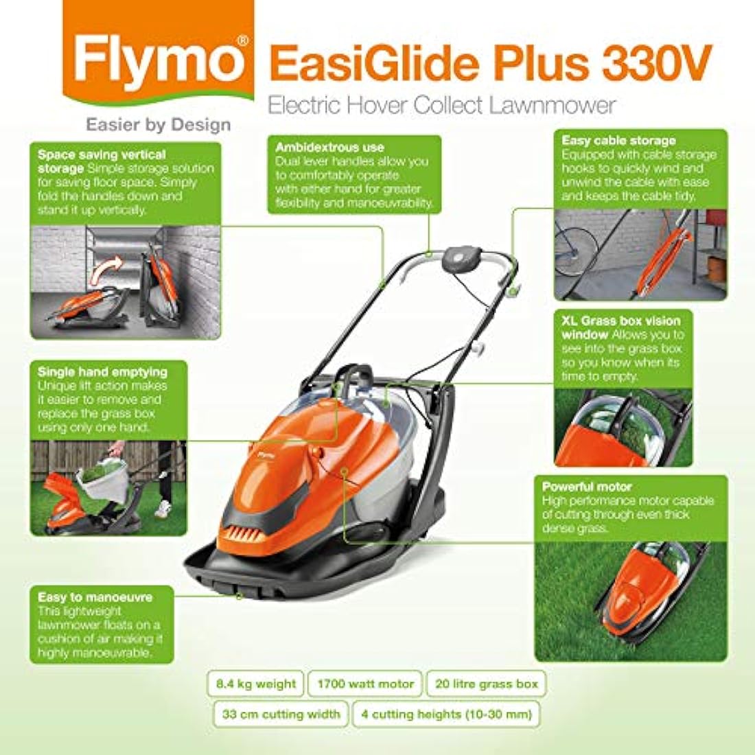 Flymo EasiGlide Plus 330V Hover Lawn Mower | 1700W Motor, 33cm Width