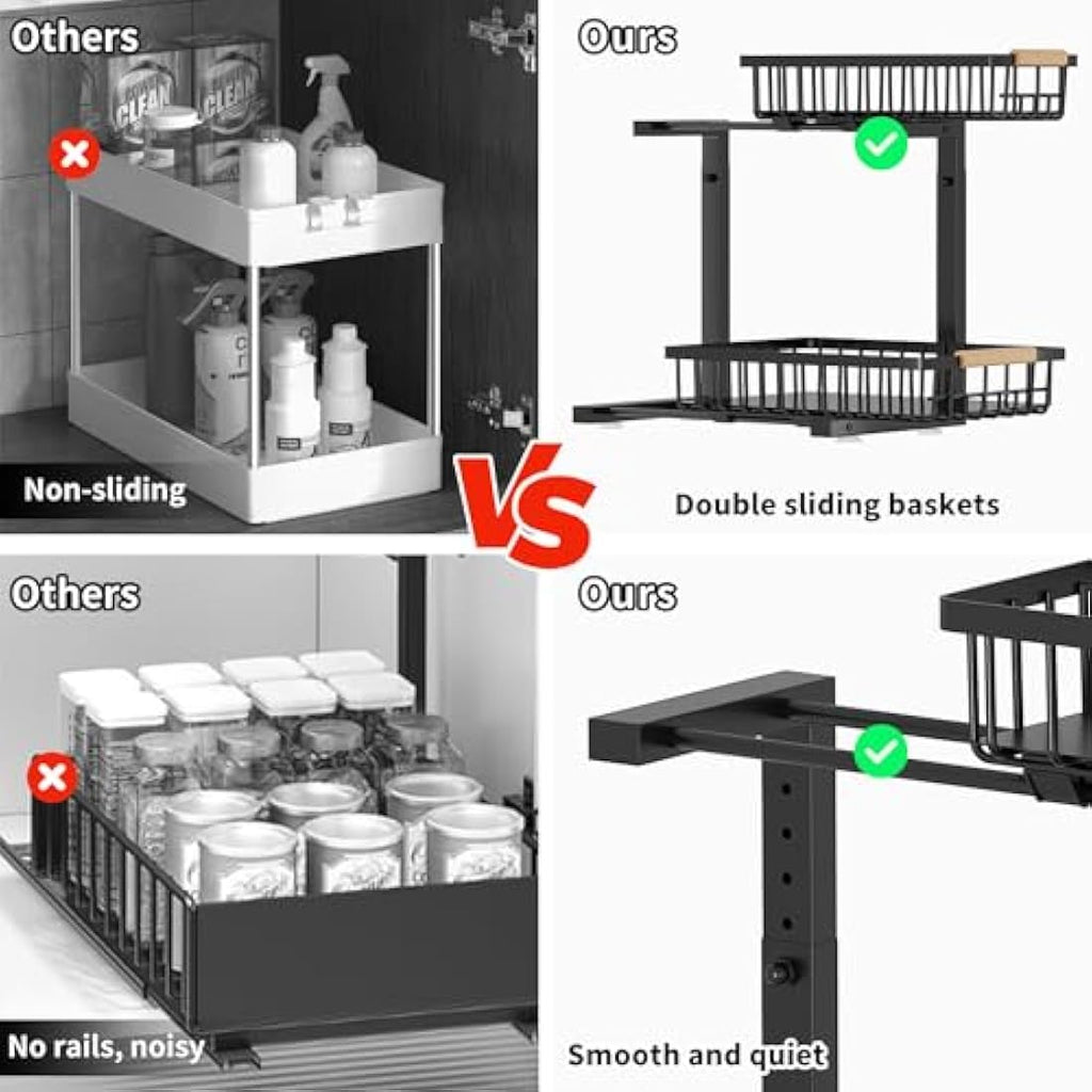 ROLIZOE Under Sink Storage - 2 Tier Height Adjustable Sliding Organiser