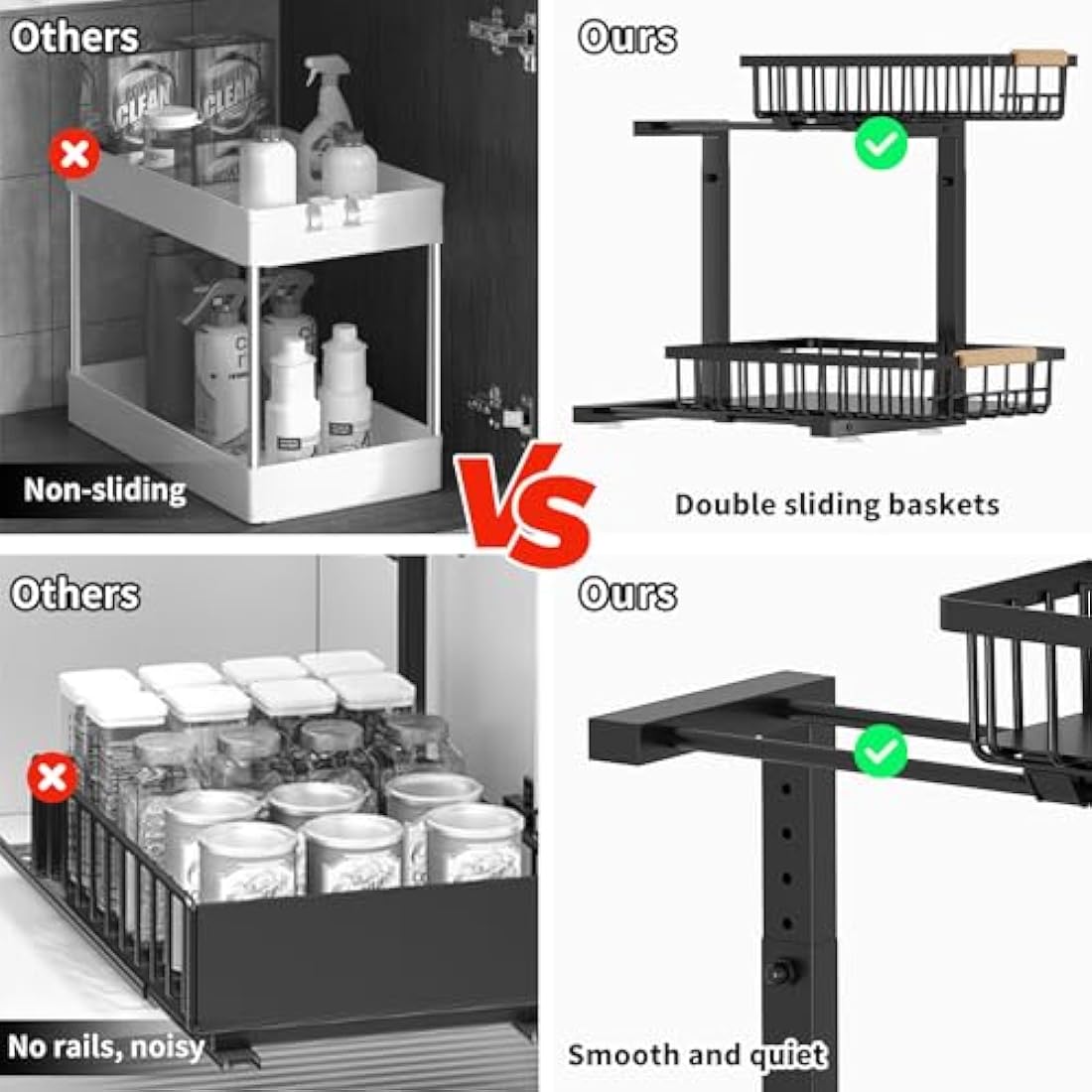 ROLIZOE Under Sink Storage - 2 Tier Height Adjustable Sliding Organiser