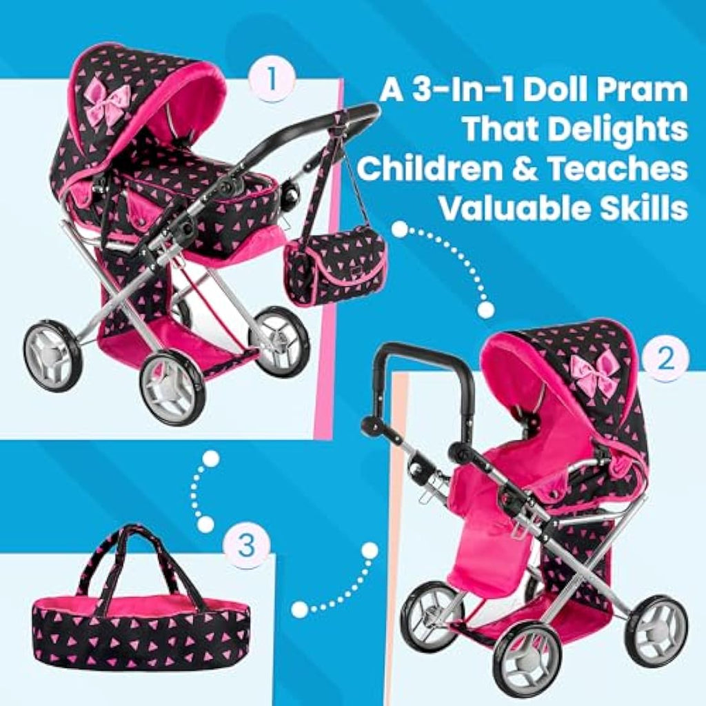 Kinderplay 3-in-1 Doll Pram – Adjustable Toy Stroller for Girls, KP0200R