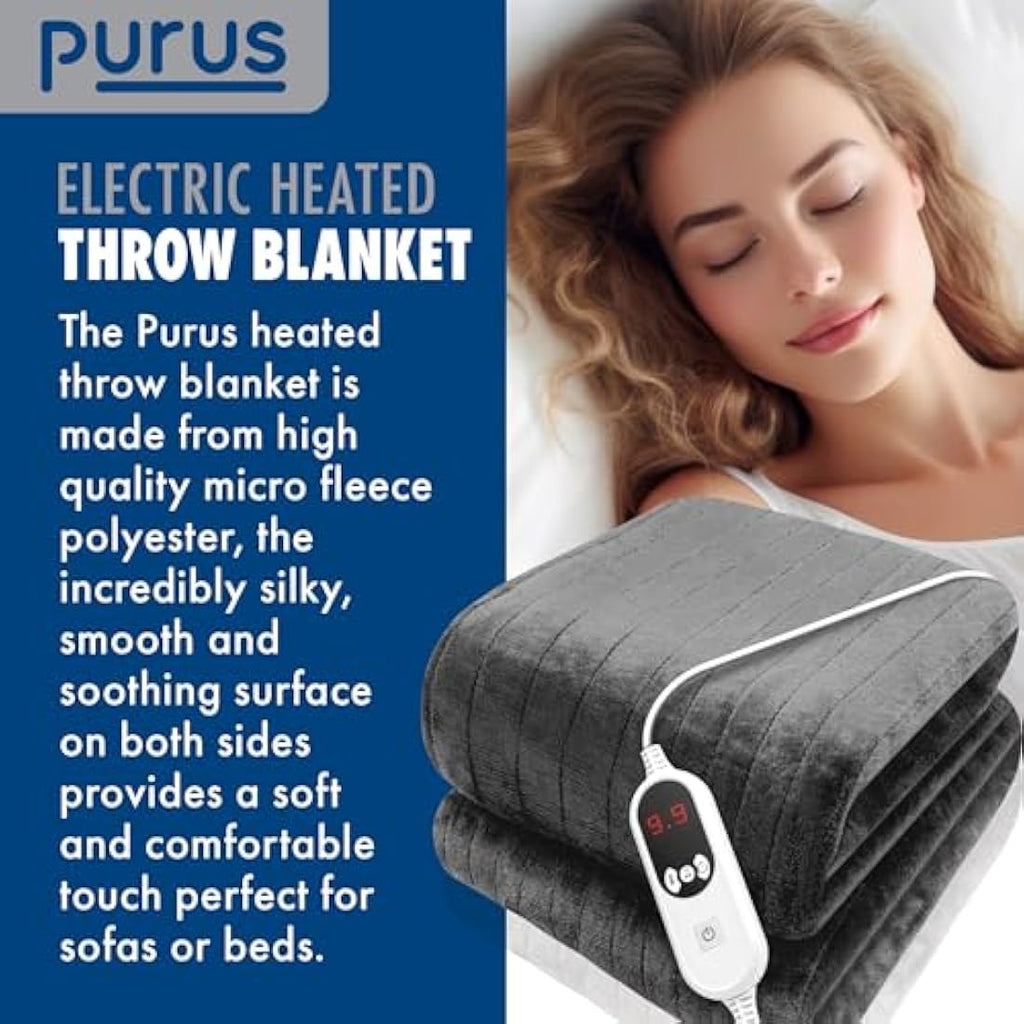 Purus Heated Throw Electric Blanket | Grey Micro Fleece | 160 x 120cm