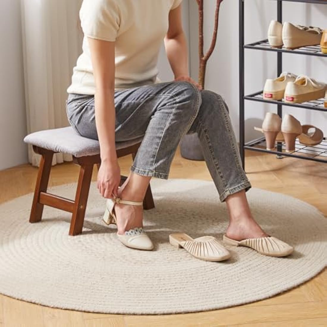 Wooden Ottoman Foot Stool | Grey Fabric Pouffe with Beech Legs