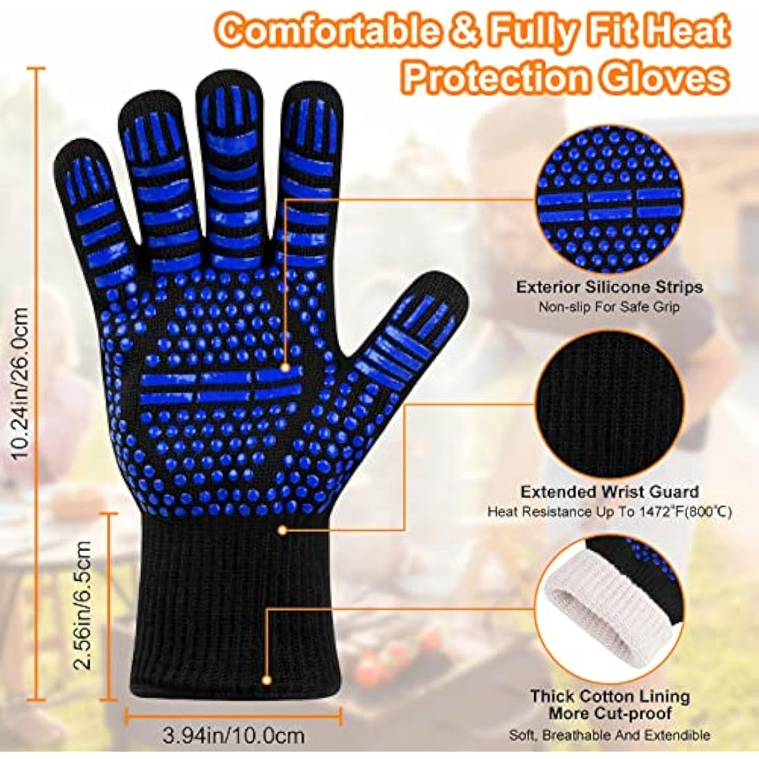 flintronic Heat Resistant Grill Gloves | 1472°F Fireproof Oven Mitts - Blue