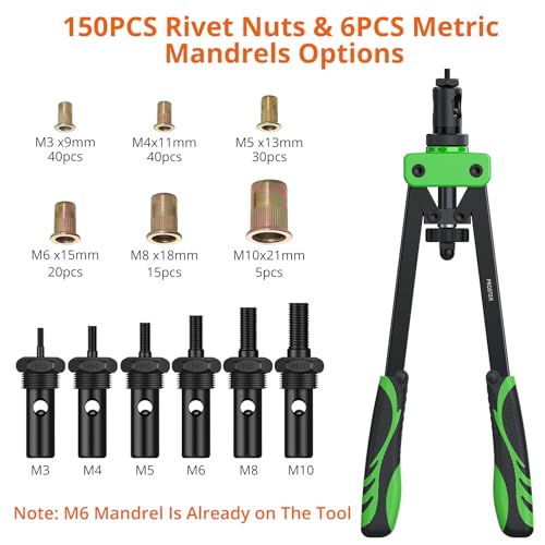 Proster 14" Heavy Duty Rivet Nut Tool Kit with 6 Mandrels & 150 Nuts