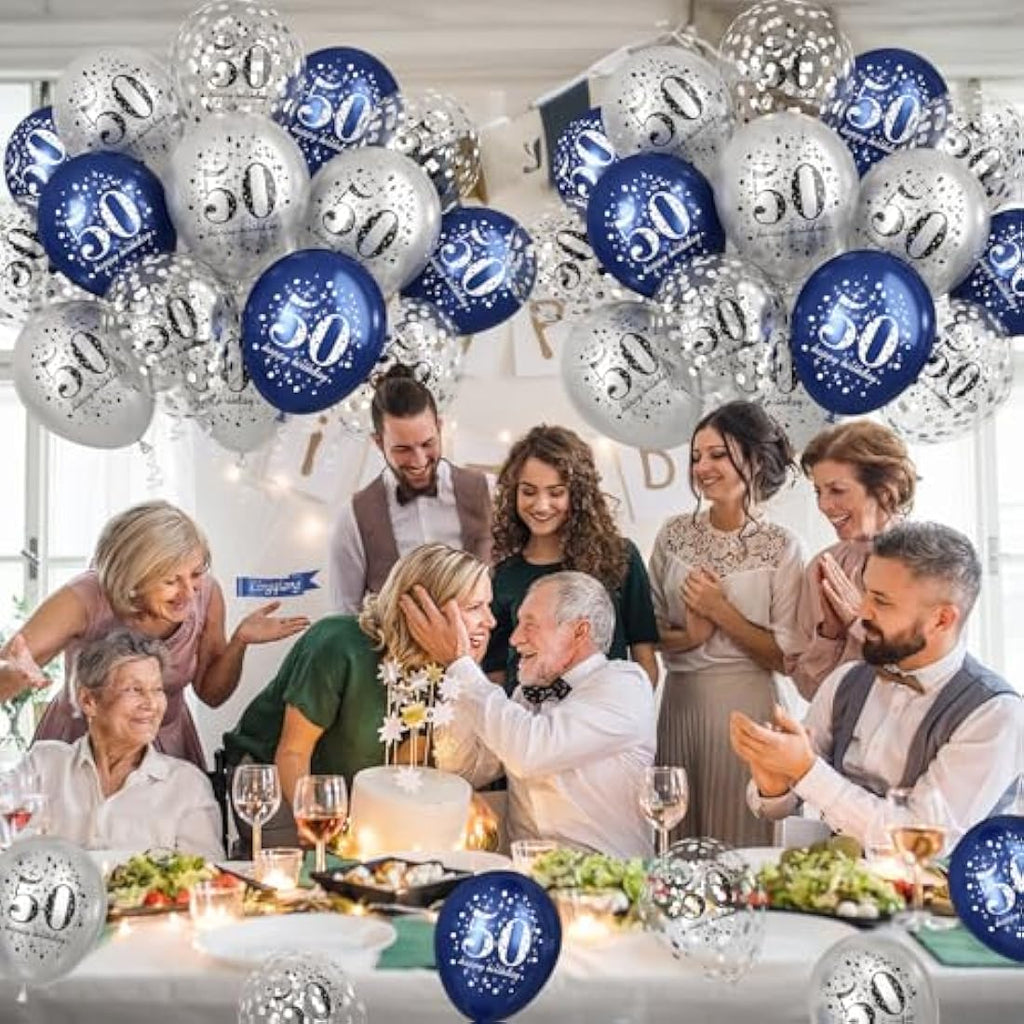 Jolof Store 50th Birthday Balloons - 15pc Navy Blue & Silver Party Decor