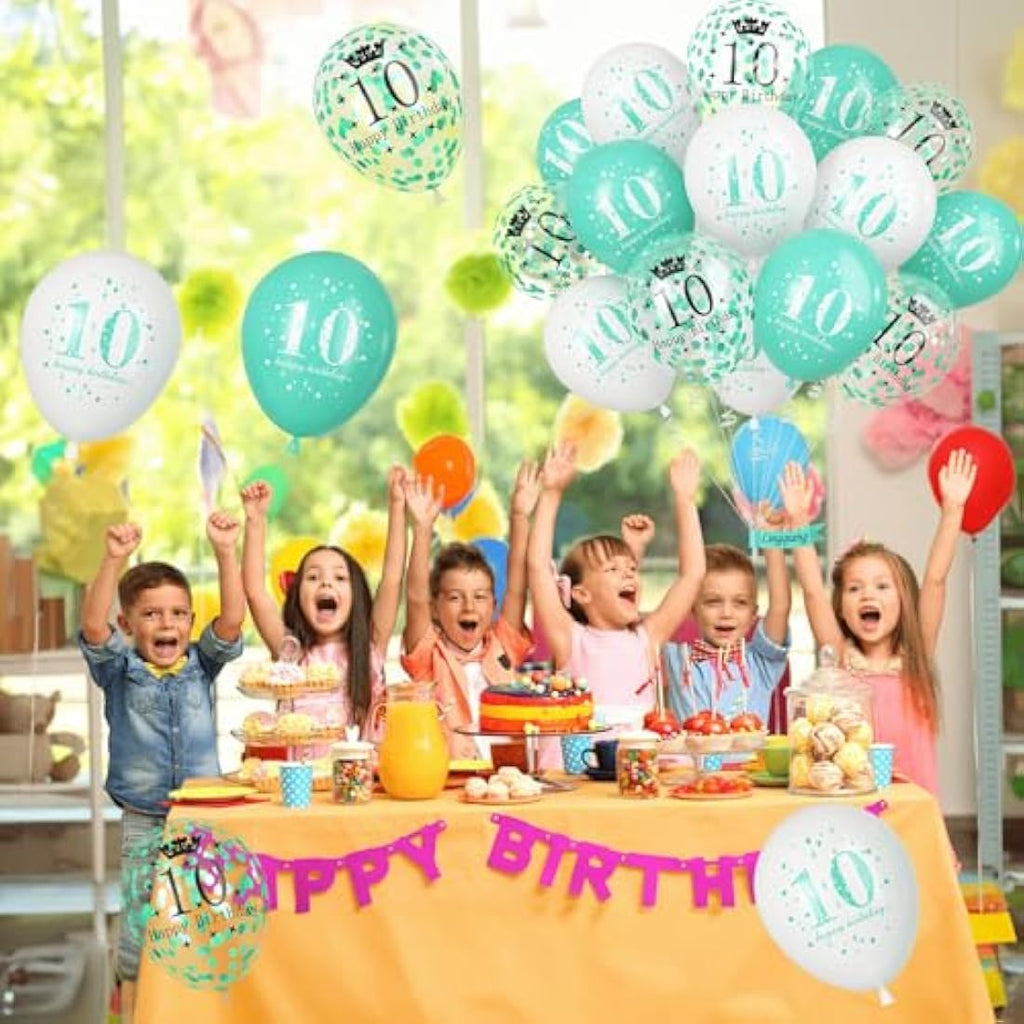 10th Birthday Balloons – 15pc Teal & White Party Decorations