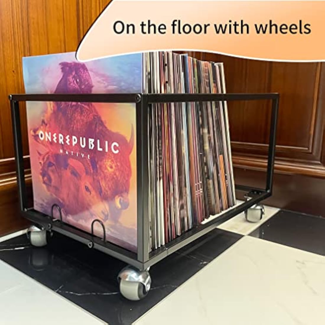 Vinyl Record Storage Holder – Metal 100 LP Stand with Wheels