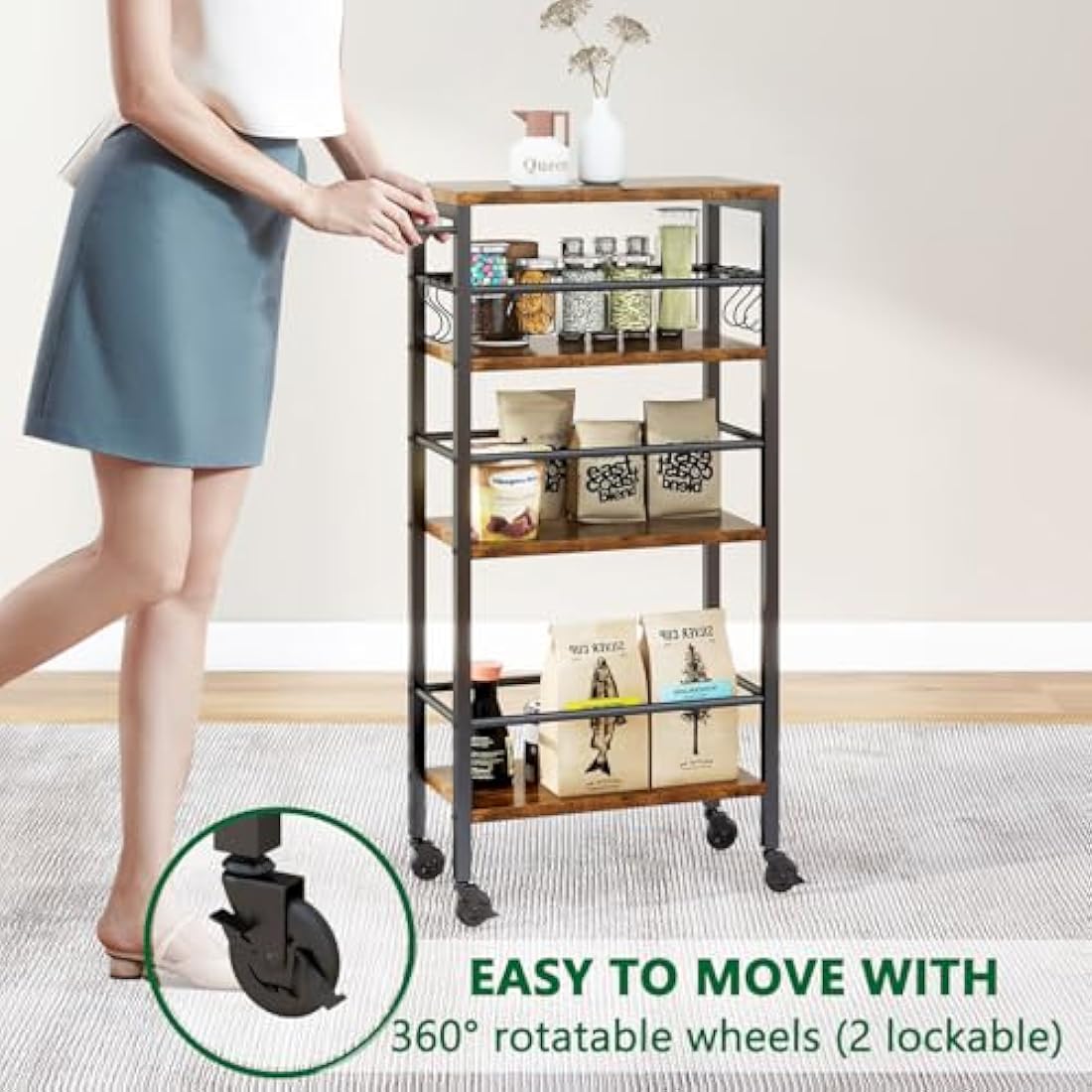 IBUYKE 4-Tier Slim Rolling Cart | Narrow Metal Storage Trolley, Rustic Brown