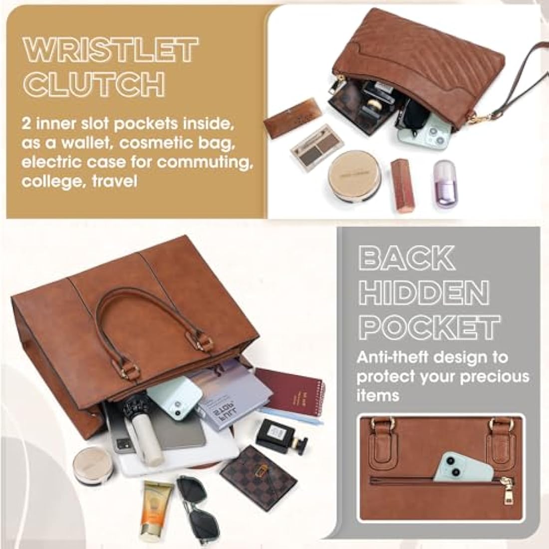 NEWHEY 15.6 Inch Laptop Bag for Women | PU Leather Work Tote with Clutch