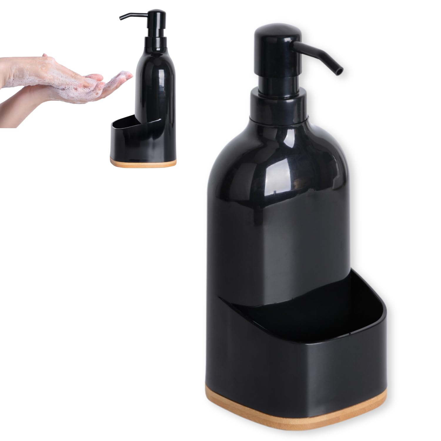 Kook Time Kitchen Soap Dispenser with Sponge Holder – Black & Bamboo