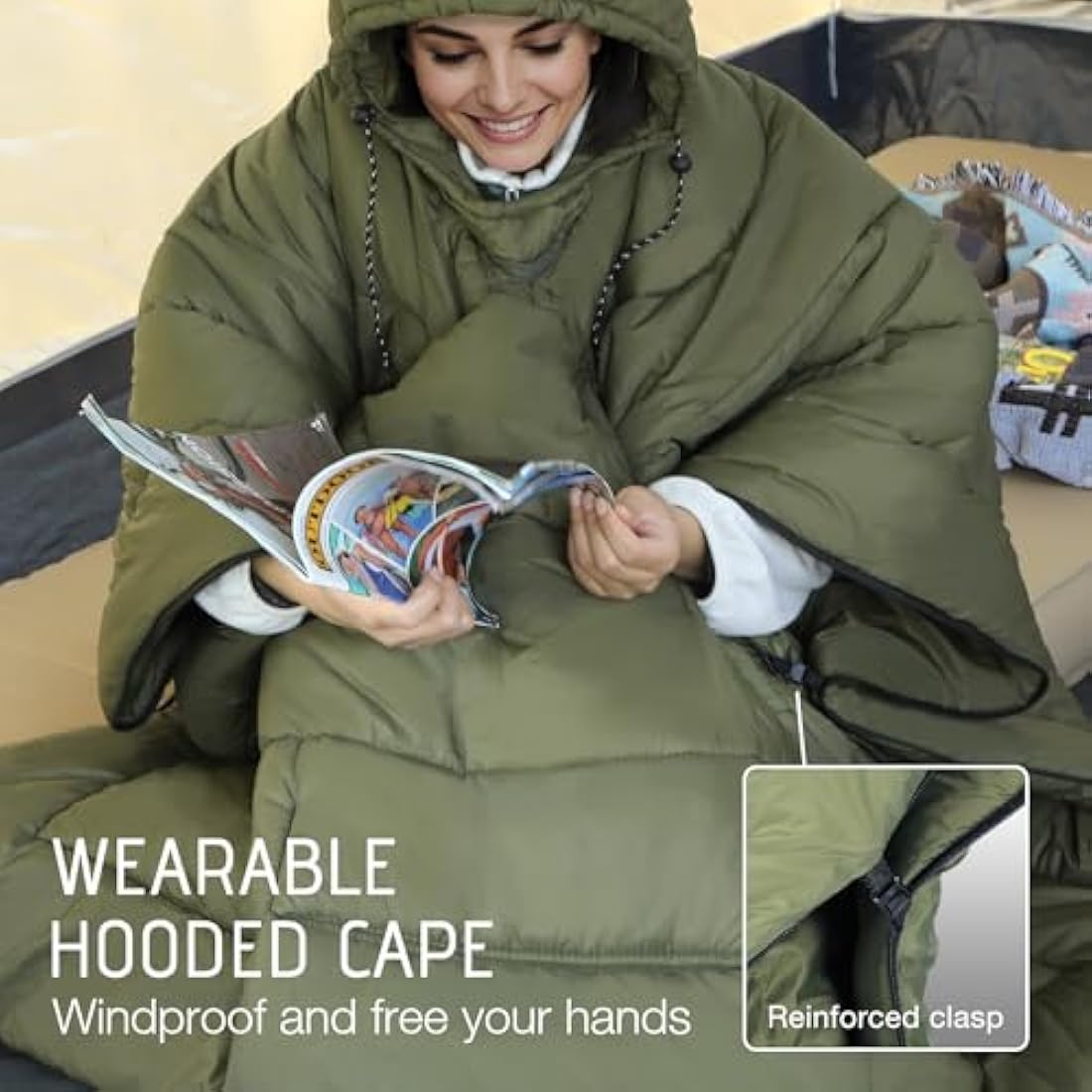 REDCAMP Wearable Camping Blanket | Waterproof Hooded Poncho – Army Green