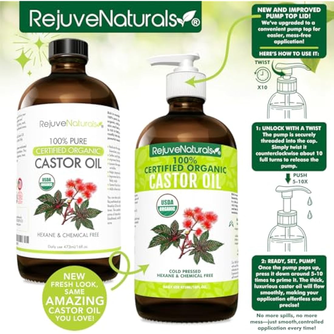 RejuveNaturals Organic Castor Oil – 16oz Glass Bottle Cold Pressed Hexane Free