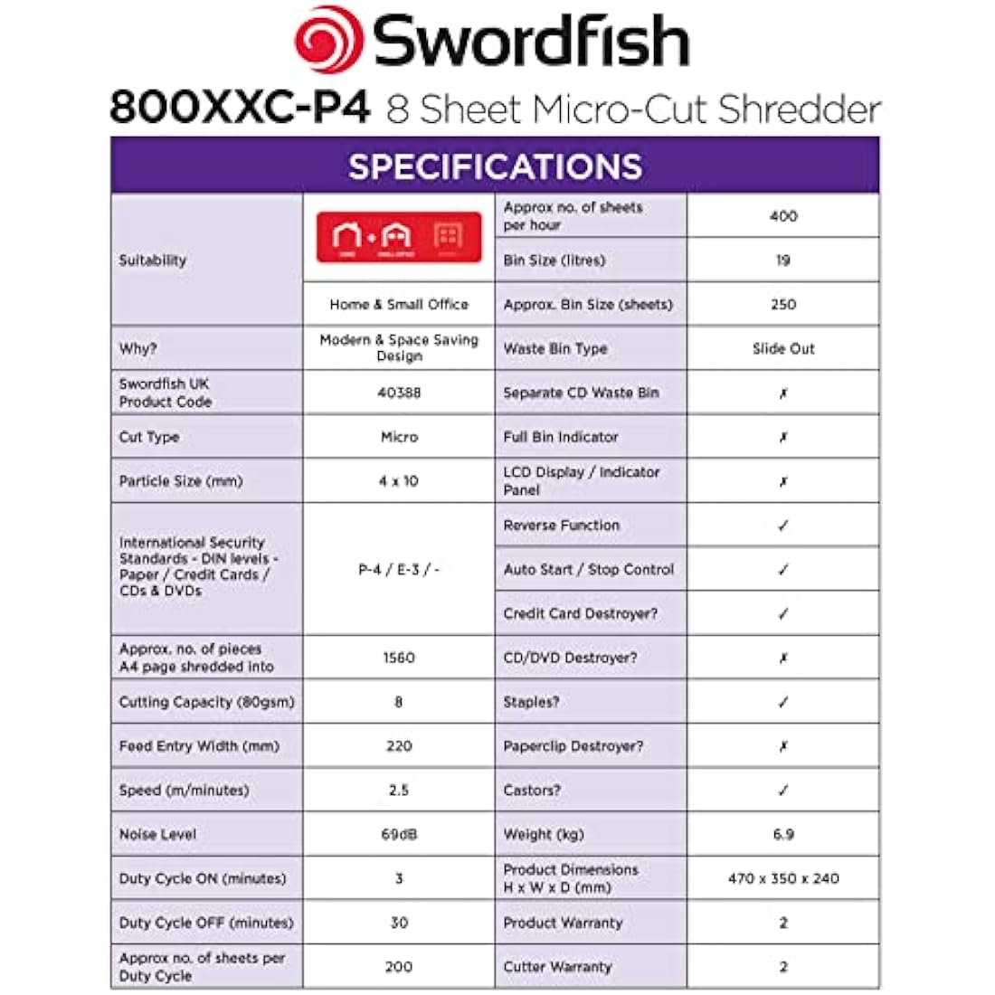 Swordfish 800XXC Micro-Cut High Security Paper Shredder - White