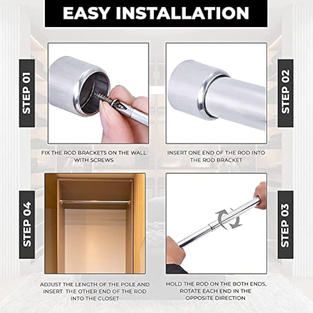 Rocoel Stainless Steel Extendable Wardrobe Rail – Heavy Duty (106-200cm)