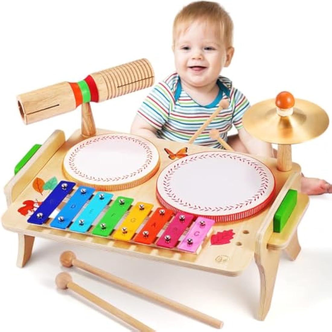 Sweet Time 7-in-1 Wooden Kids Drum Set | Toddler Musical Xylophone Toy