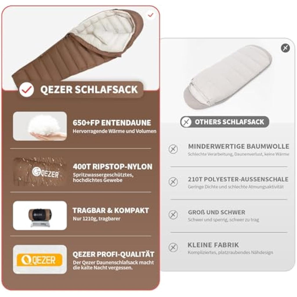 QEZER Winter Down Sleeping Bag – 660FP Duck Down Cold Weather Gear